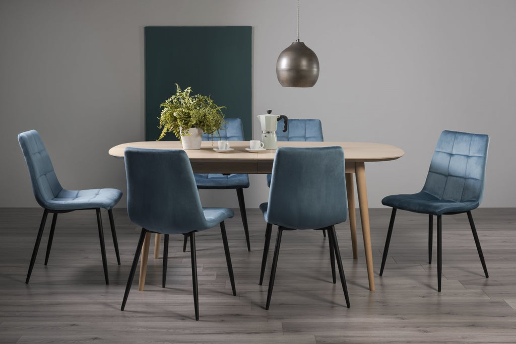 Light Oak Extending Dining Set 6 Blue Velvet Chairs