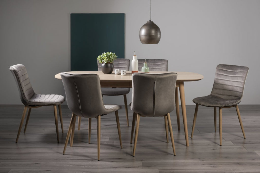 Oak Extending Dining Table Set 6 Grey Velvet Fabric Chairs