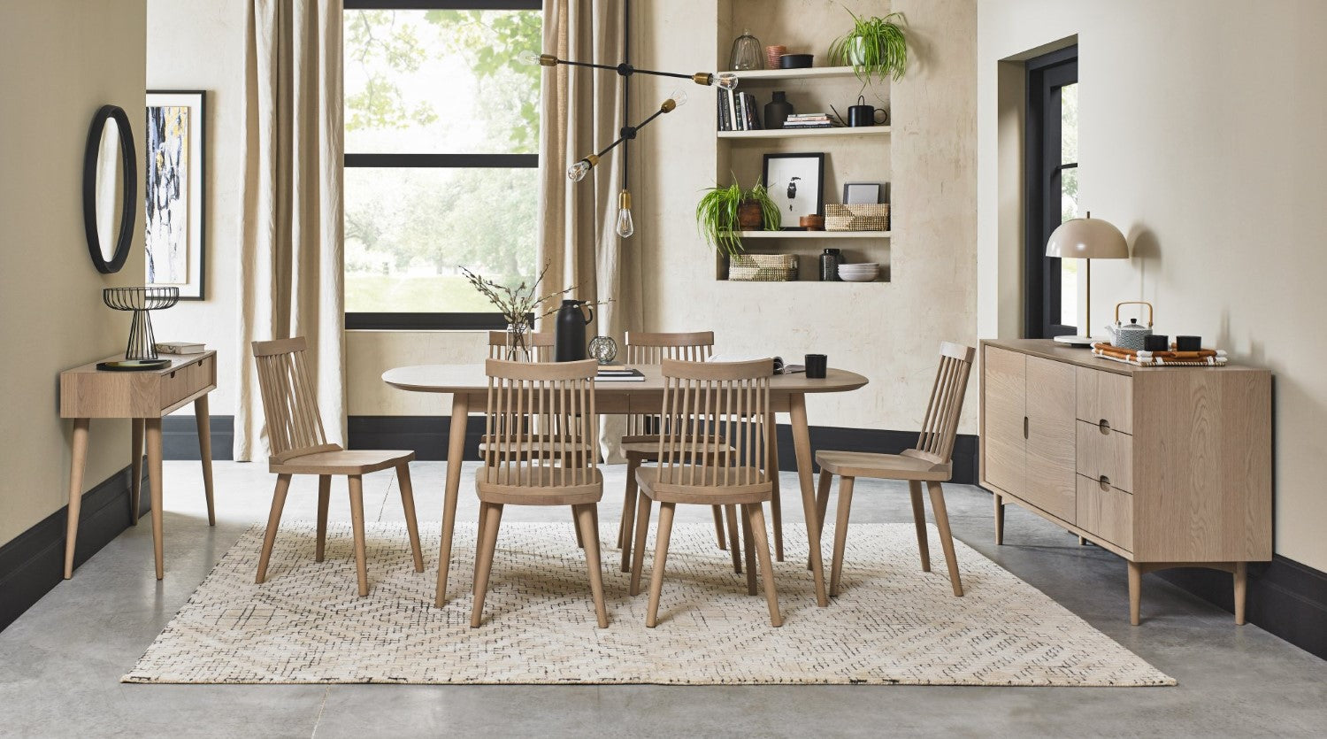 Scandi Oak Oval Extending Dining Set 6 Spindle Back Chairs