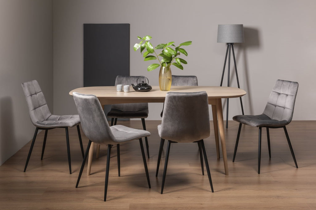 Scandi Oak Oval Dining Table Set 6 Grey Velvet Fabric Chairs