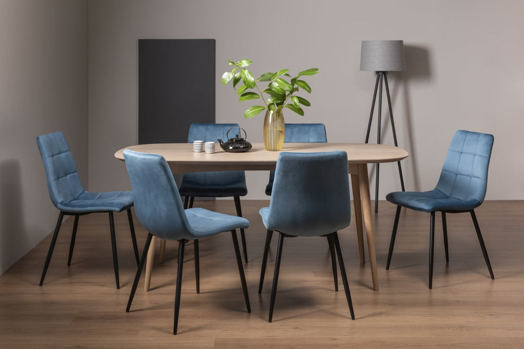 Scandi Oak Dining Table Set 6 Blue Velvet Chairs