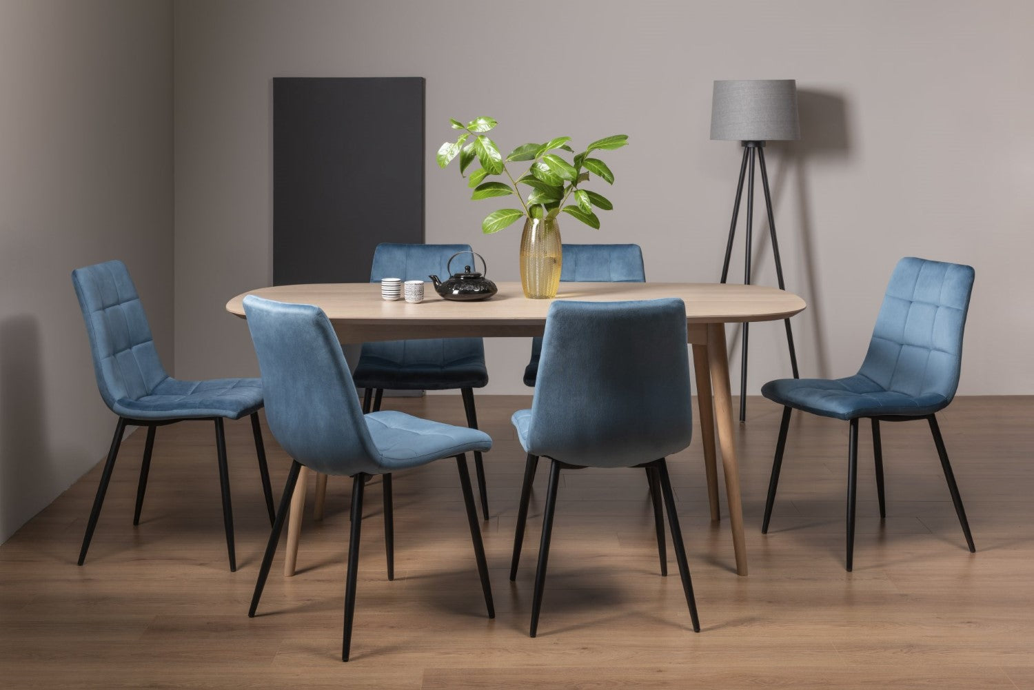 Scandi Oak Dining Table Set 6 Blue Velvet Chairs