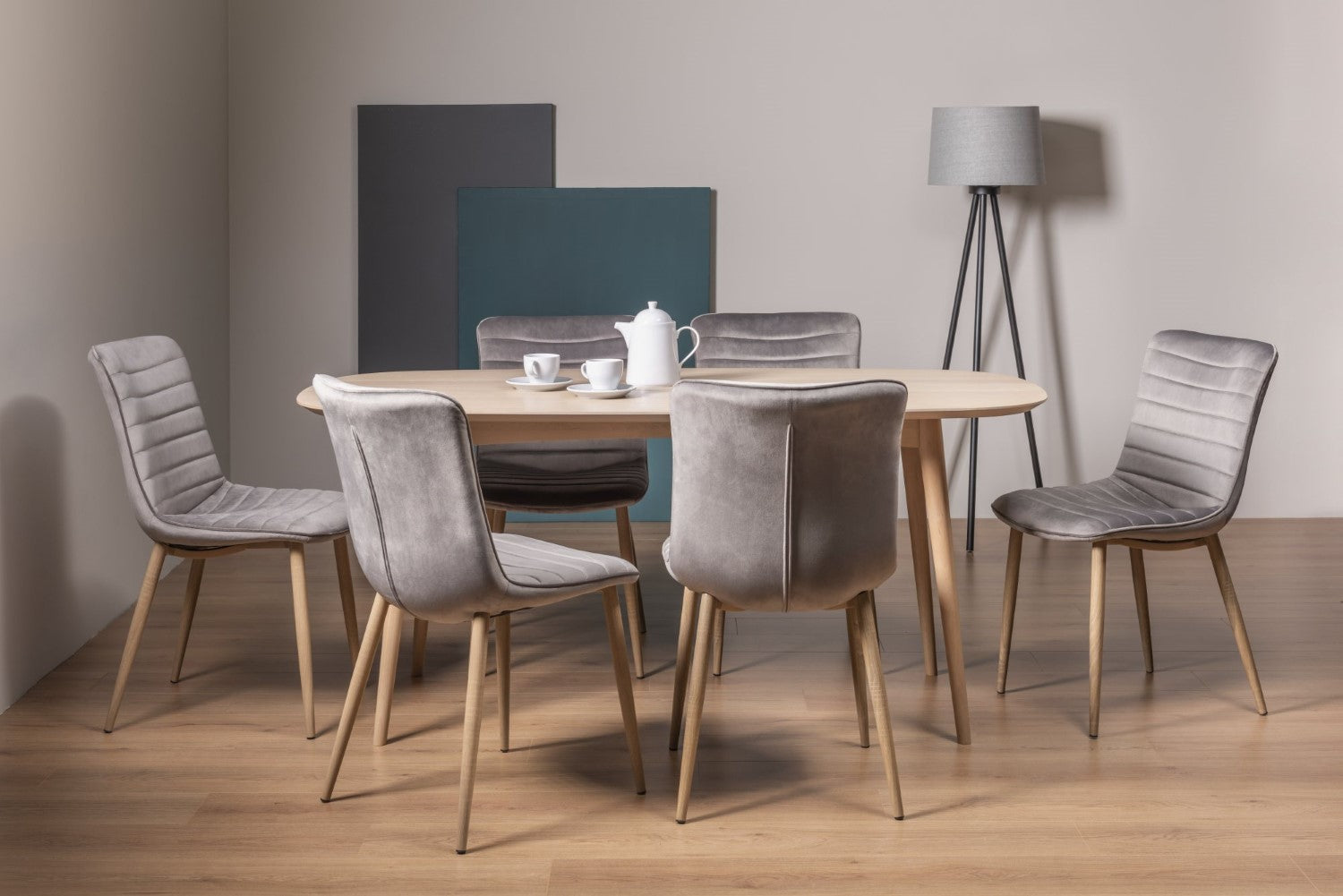 Scandi Oak Large Dining Set Light Grey Fabric Chairs