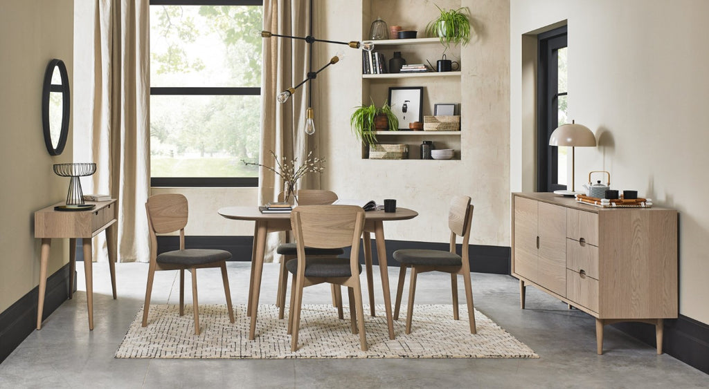 Oak Dining Table Set with 4 Oak Back Grey Fabric Chairs - Home Furniture Interiors