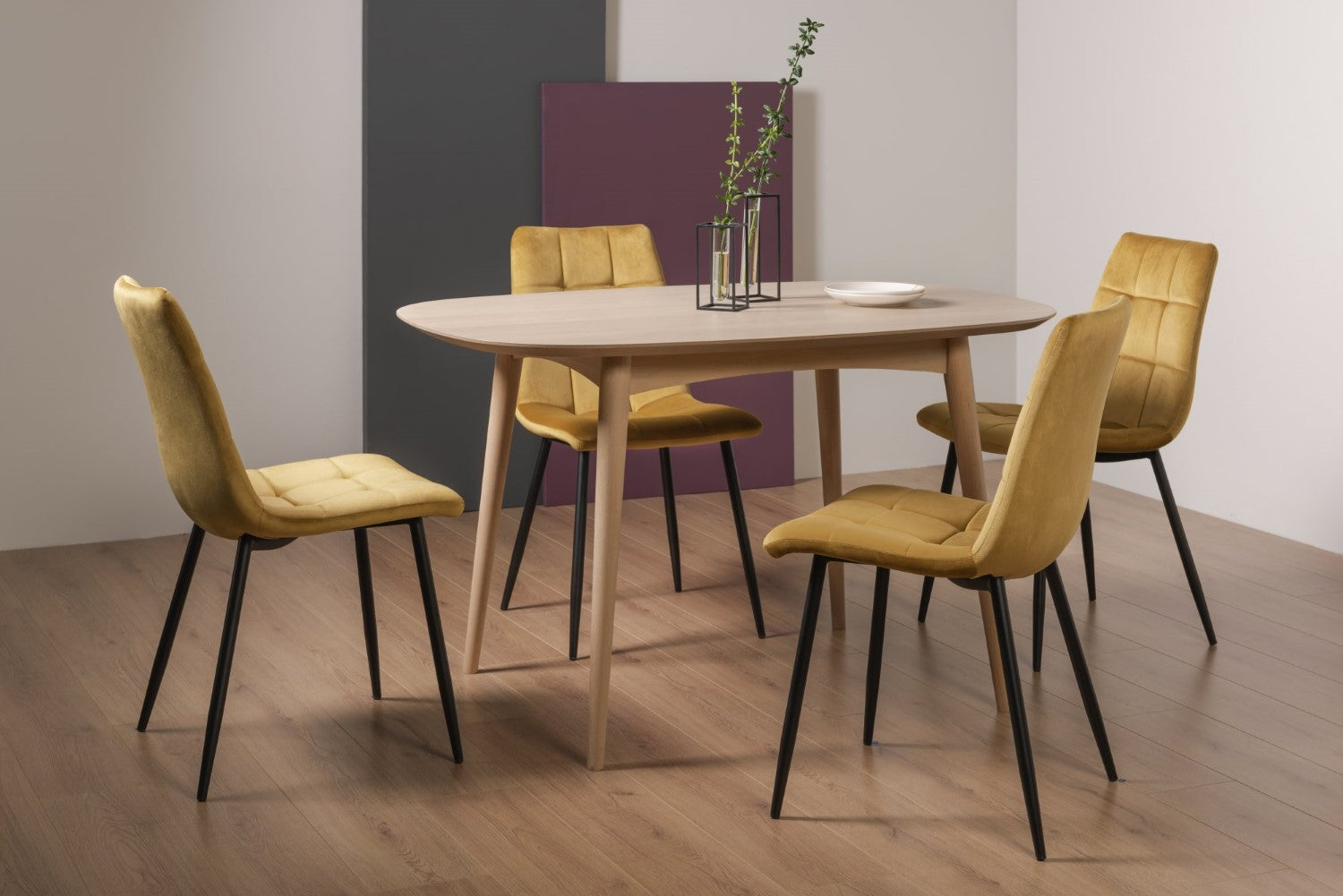 Scandi Oak Small Dining Table Set 4 Yellow Velvet Chairs