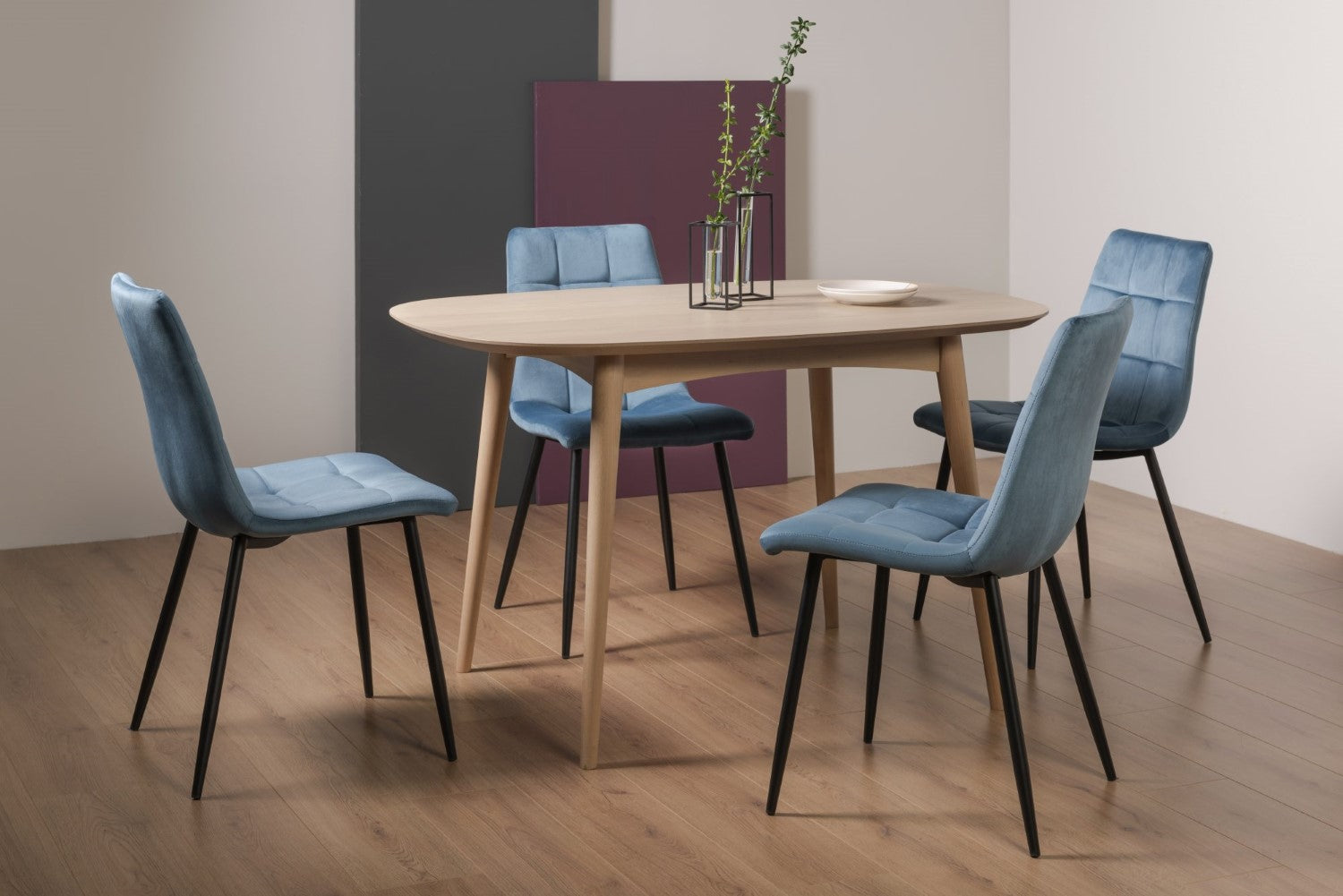 Scandi Oak Small Dining Table Set 4 Velvet Fabric Chairs
