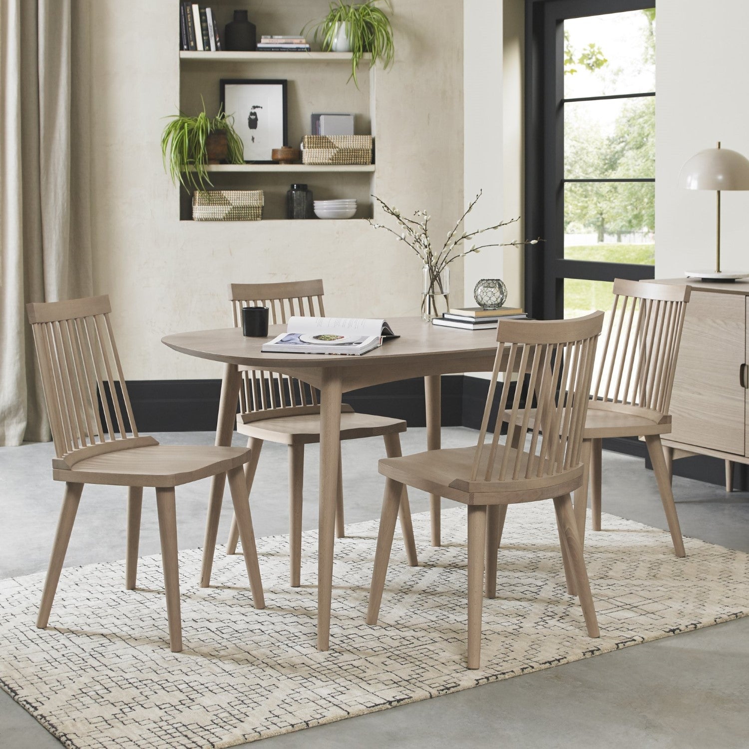 Scandi Oak Small Dining Table Set with 4 Spindle Back Dining Chairs
