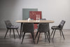 Weathered oak dining table with six grey velvet fabric chairs, Bentley Designs table and chair set for stylish dining spaces.