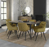 Weathered Oak dining table set with six yellow velvet fabric chairs by Bentley Designs, shown with a stylish table and matching chairs.
