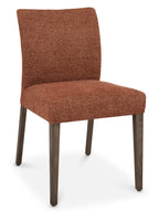 Pair of Auburn brown fabric dining chairs with dark oak legs by Bentley Designs, shown from the side with a modern dining setting.