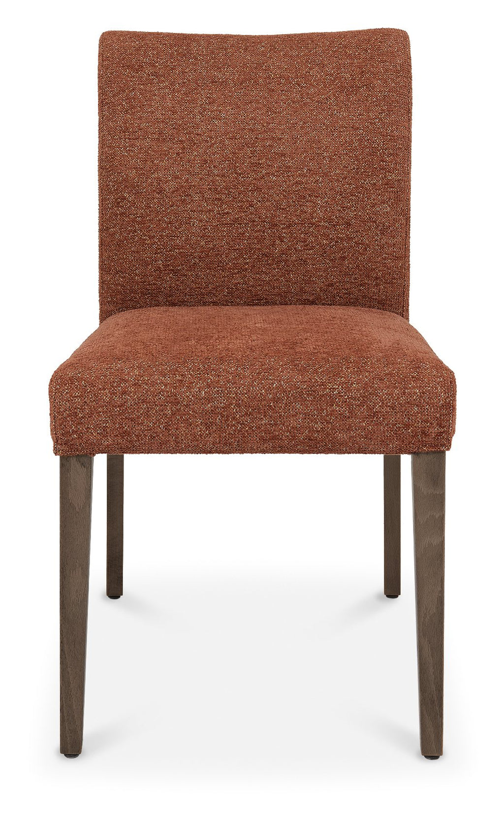 Pair of Bentley Designs Auburn Brown fabric dining chairs with dark oak legs, showcasing elegant upholstered seating and sturdy wooden frames.