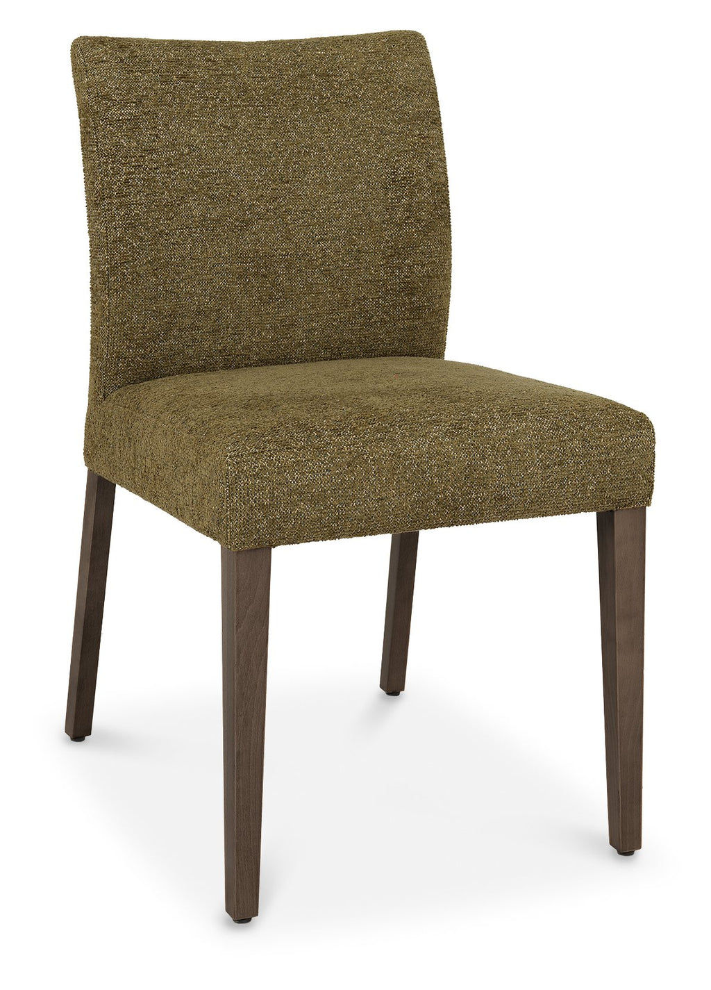 Pair of Bentley Designs green fabric dining chairs with dark oak legs, showcasing cushioned seats and contemporary style.