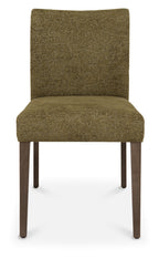Pair of green fabric dining chairs with dark oak legs from Bentley Designs, showcasing a modern, comfortable seating option.