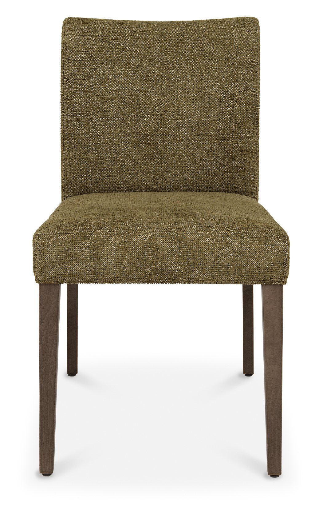 Pair of green fabric dining chairs with dark oak legs from Bentley Designs, showcasing a modern, comfortable seating option.