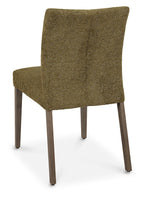 Pair of Bentley Designs green fabric dining chairs with dark oak legs, showcasing a modern and comfortable seating design.