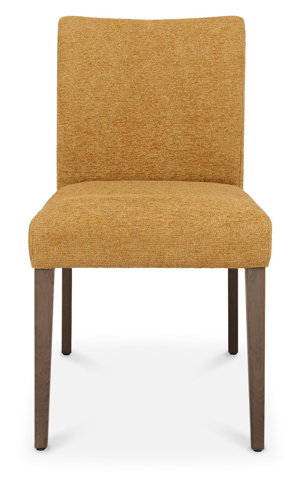 Pair of mustard yellow fabric dining chairs with dark oak legs by Bentley Designs, showing a close-up of the upholstered seats and wooden legs.
