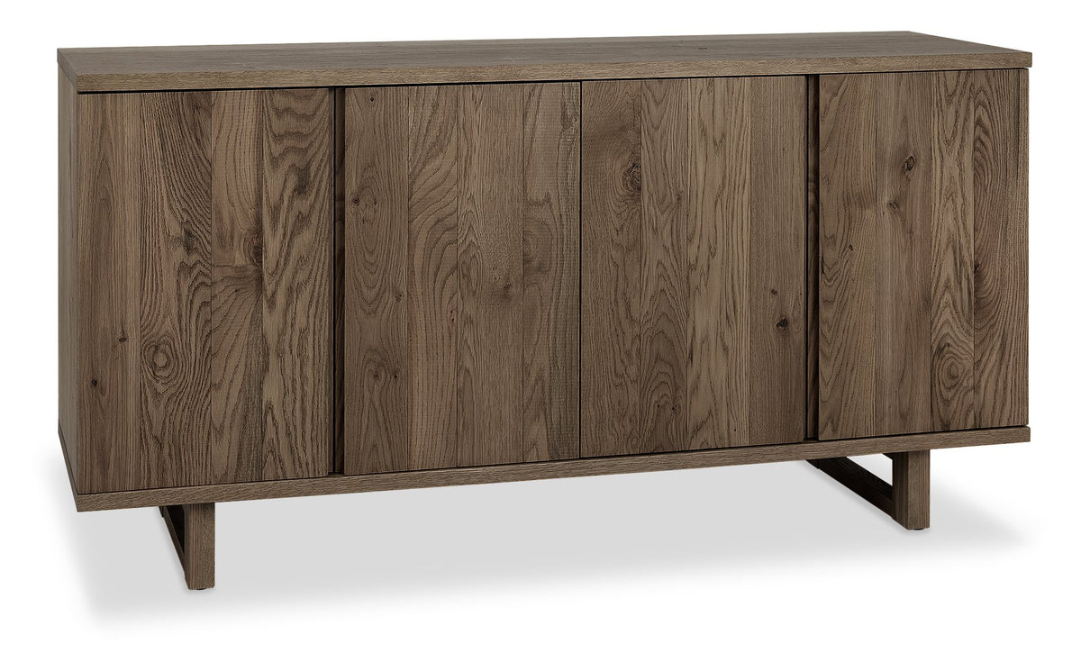 Dark oak Bentley Designs 4-door wide sideboard with two shelves, showcasing a modern storage solution with a sleek finish.