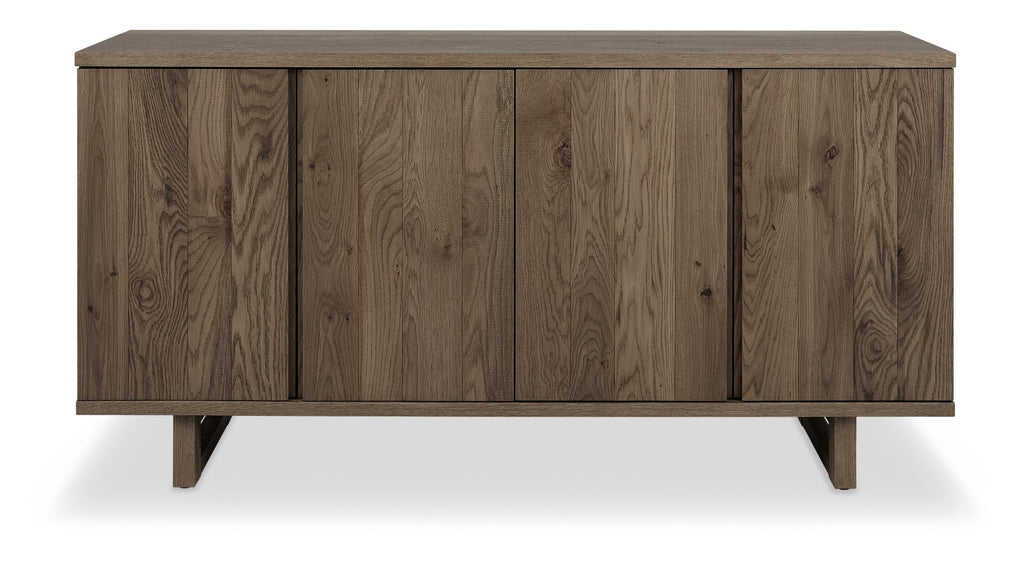 Dark oak Bentley Designs 4-door wide sideboard with two shelves, showcasing a modern wooden storage unit with ample space and sleek design.