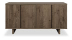 Dark oak Bentley Designs 4-door wide sideboard with two shelves, showcasing a modern wooden storage unit with ample space and sleek design.