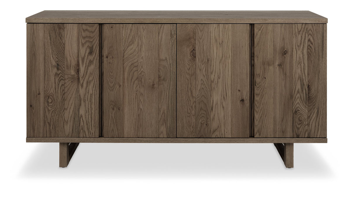 Dark oak Bentley Designs 4-door wide sideboard with two shelves, showcasing a modern wooden storage unit with ample space and sleek design.