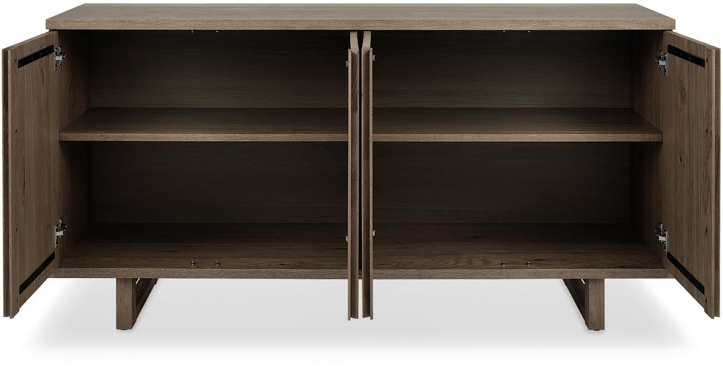 Dark oak Bentley Designs 4-door wide sideboard with two shelves, showcasing a sleek modern storage unit with ample space.
