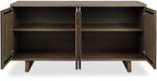 Dark oak Bentley Designs 4-door wide sideboard with two shelves, showcasing a sleek modern storage unit with ample space.