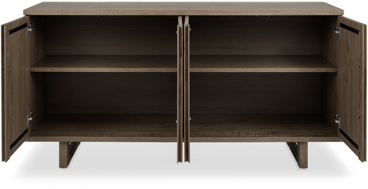 Dark oak Bentley Designs 4-door wide sideboard with two shelves, showcasing a sleek modern storage unit with ample space.
