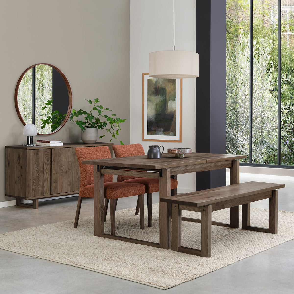 Dark Oak Dining Bench with Wirebrushed Top