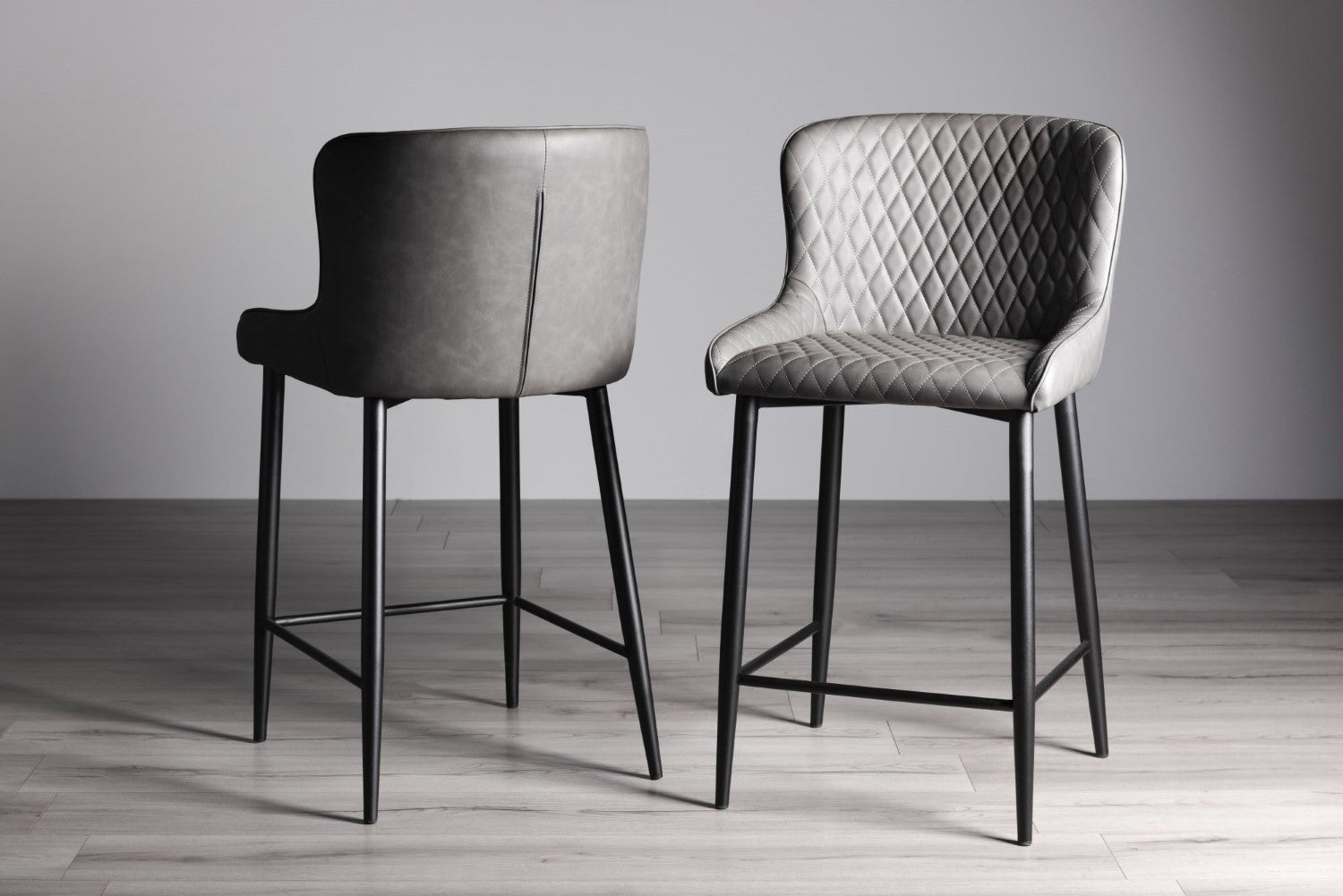 Dark Grey Leather Bar Stool Black Metal Legs