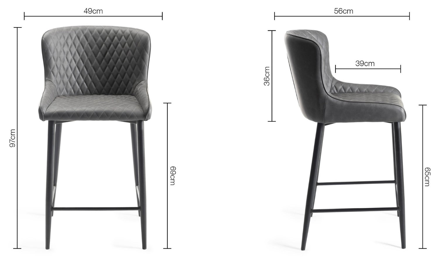 Dark Grey Leather Bar Stool Black Metal Legs - Home Furniture Interiors