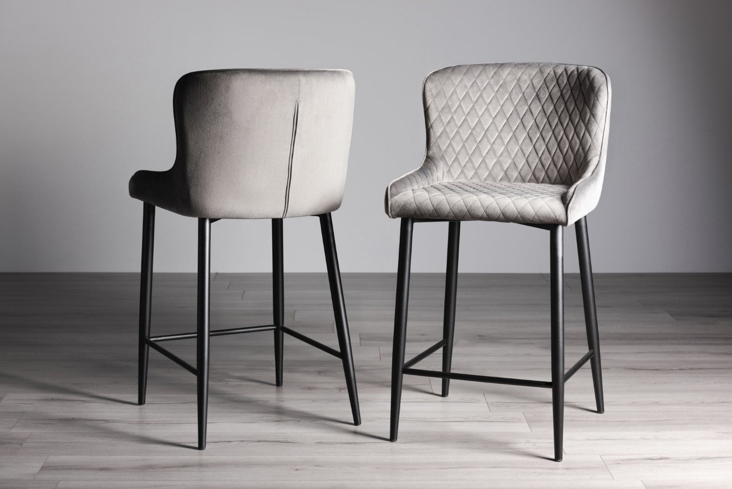 Grey Velvet Fabric Bar Stool Diamond Stitched Black Legs