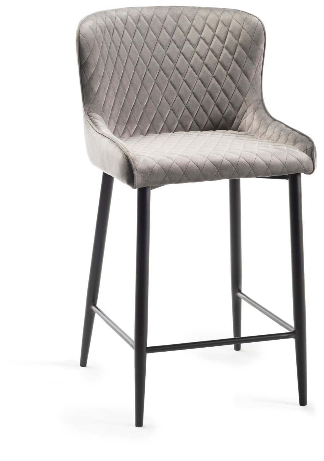 Grey Velvet Fabric Bar Stool Diamond Stitched Black Legs - Home Furniture Interiors