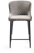 Grey Velvet Fabric Bar Stool Diamond Stitched Black Legs - Home Furniture Interiors