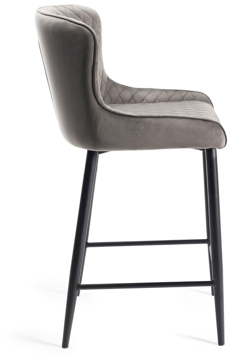 Grey Velvet Fabric Bar Stool Diamond Stitched Black Legs - Home Furniture Interiors