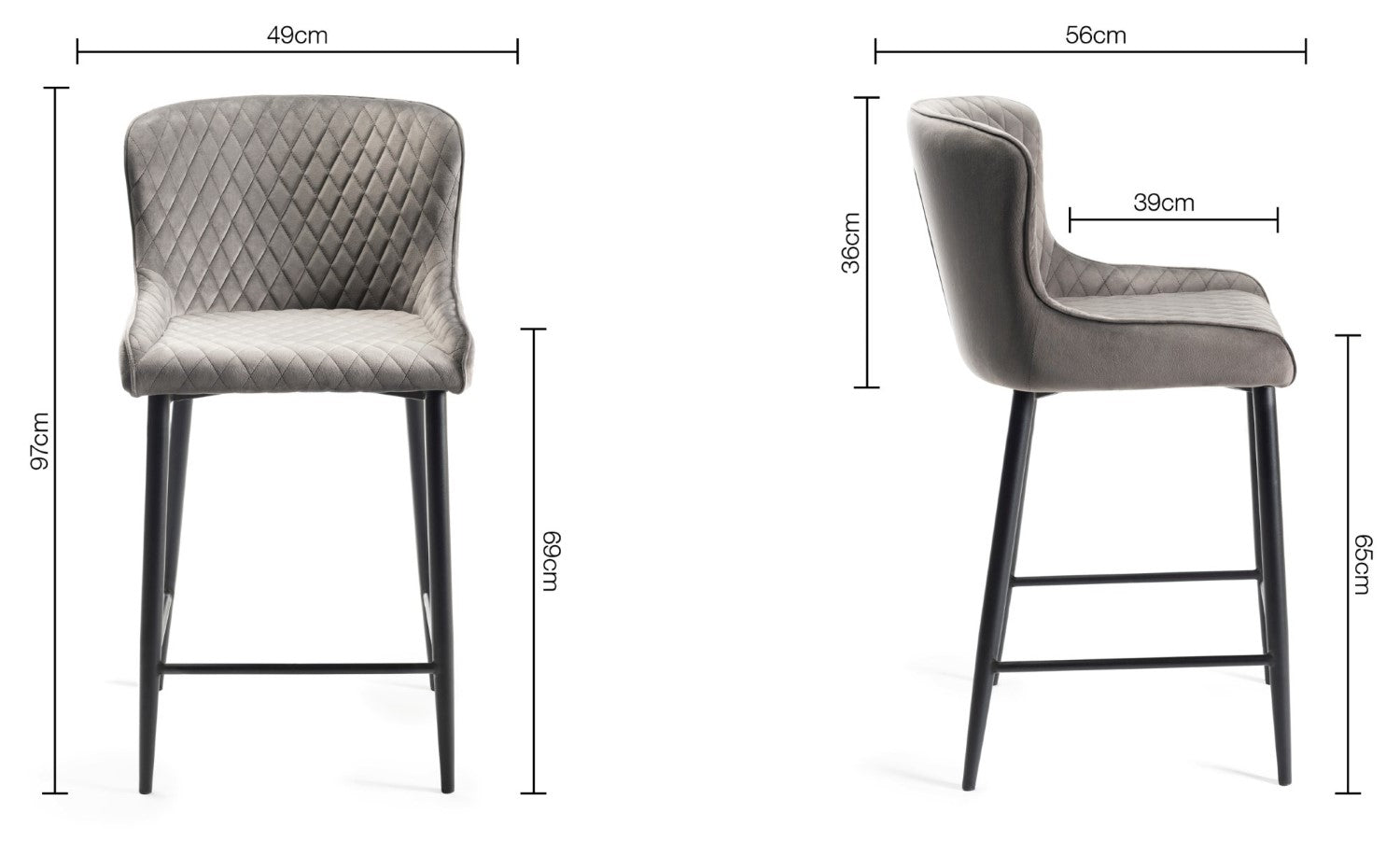 Grey Velvet Fabric Bar Stool Diamond Stitched Black Legs - Home Furniture Interiors