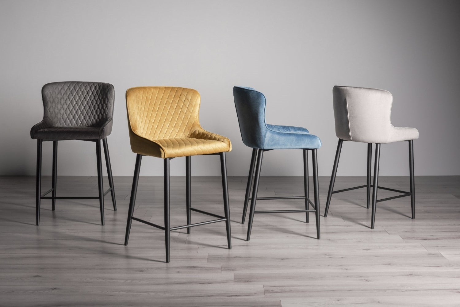 Grey Velvet Fabric Bar Stool Diamond Stitched Black Legs - Home Furniture Interiors