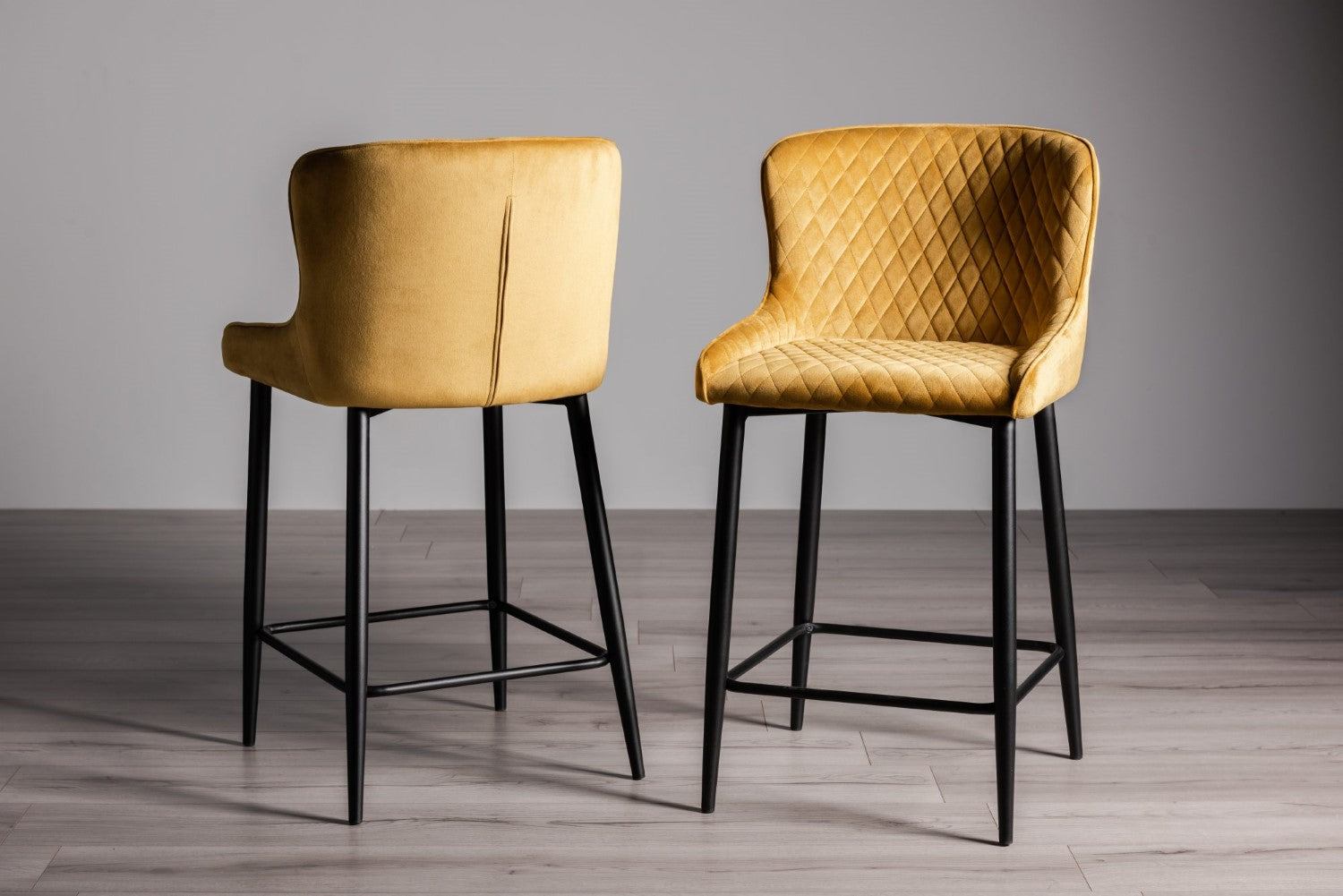Mustard Yellow Velvet Fabric Bar Stool Diamond Quilted Stitched - Home Furniture Interiors