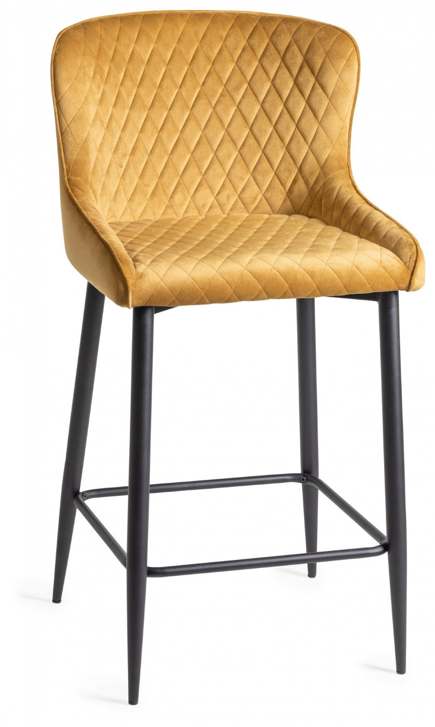 Mustard Yellow Velvet Fabric Bar Stool Diamond Quilted Stitched