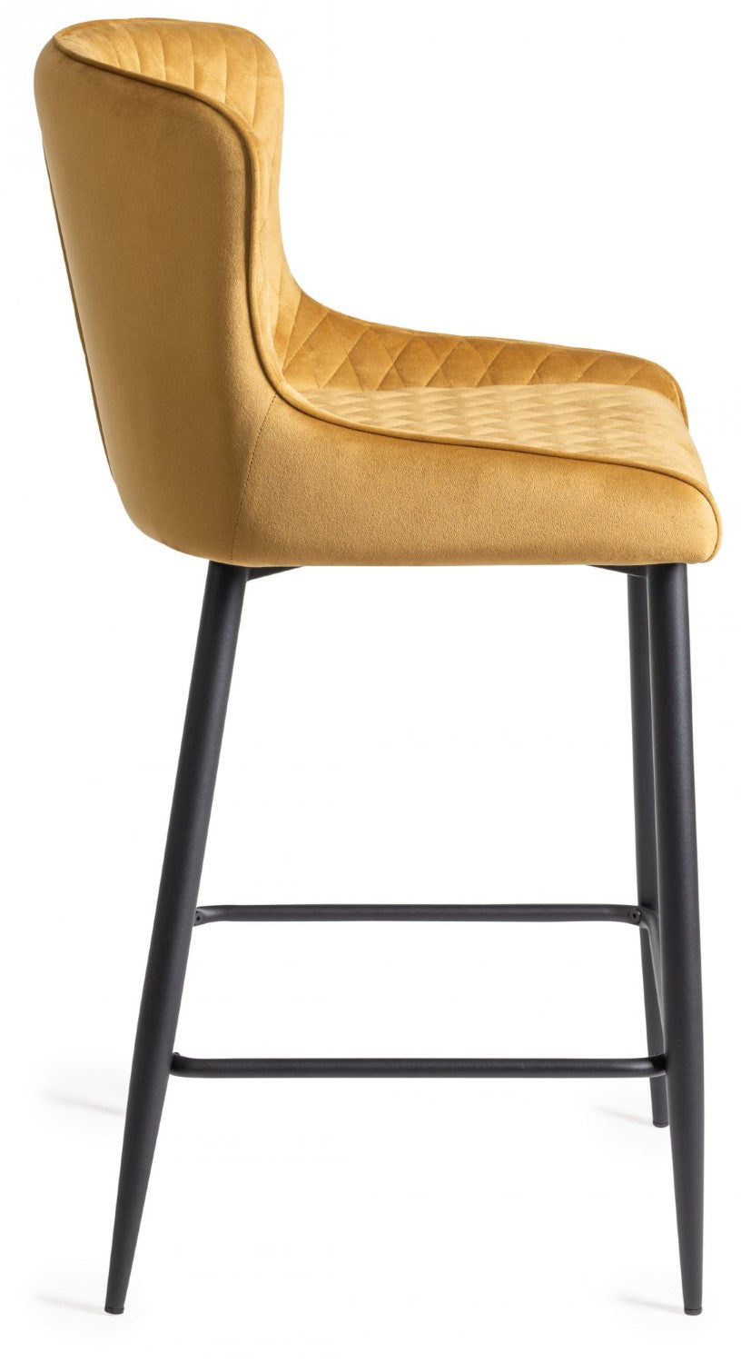 Mustard Yellow Velvet Fabric Bar Stool Diamond Quilted Stitched - Home Furniture Interiors