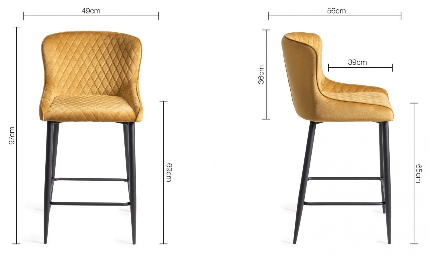 Mustard Yellow Velvet Fabric Bar Stool Diamond Quilted Stitched - Home Furniture Interiors