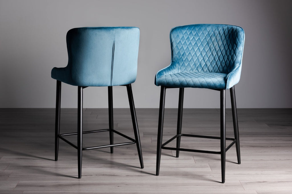 Blue Velvet Fabric Bar Stool Black Legs