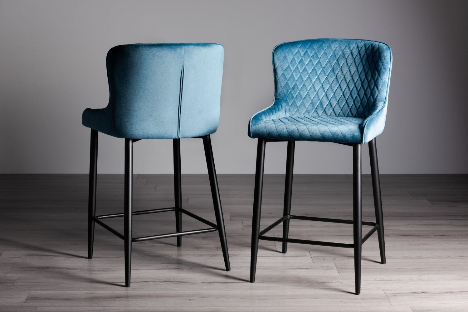 Blue Velvet Fabric Bar Stool Black Legs