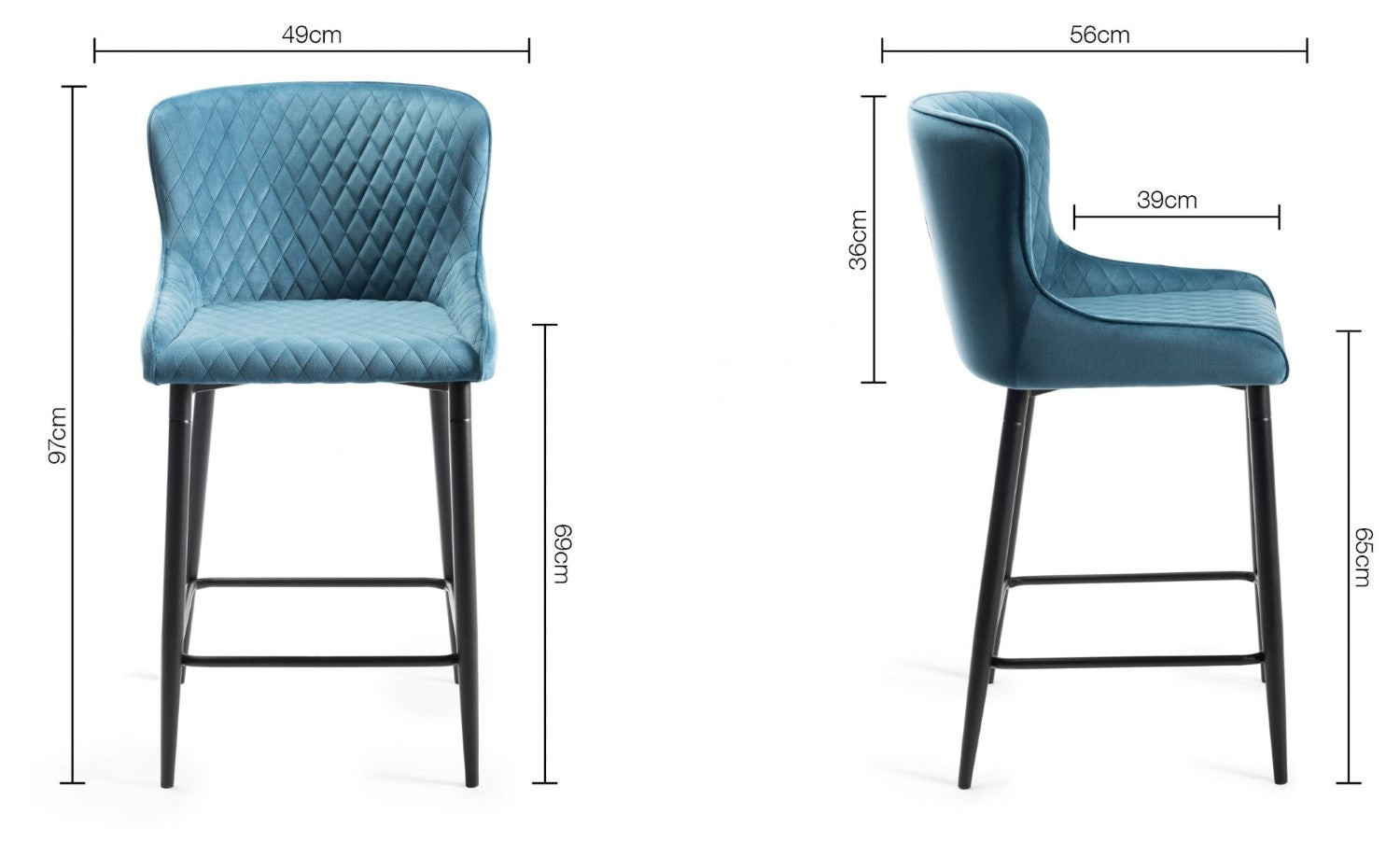 Blue Velvet Fabric Bar Stool Black Legs - Home Furniture Interiors