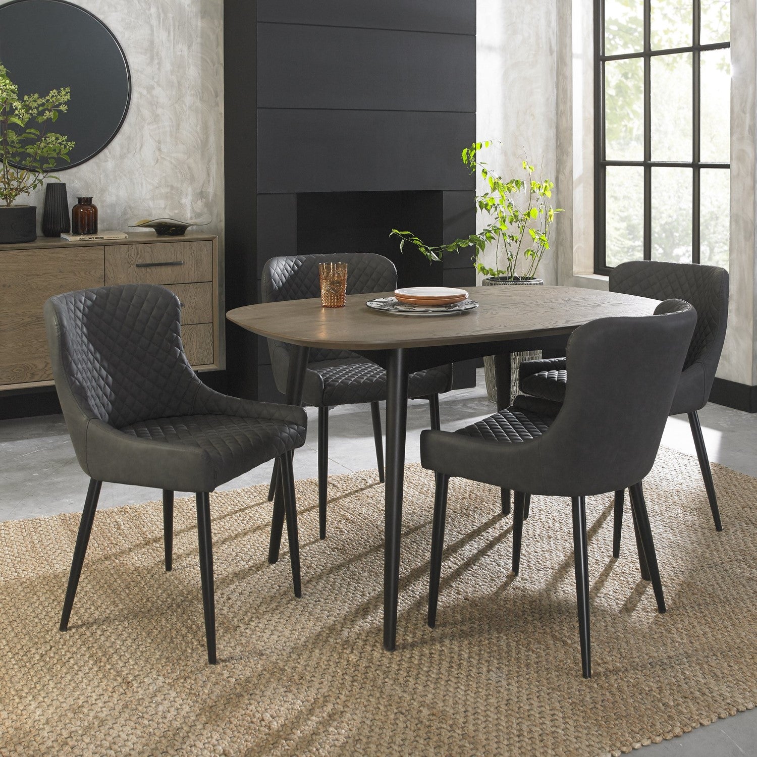 Grey Leather Diamond Stitched Dining Chair Black Legs - Home Furniture Interiors