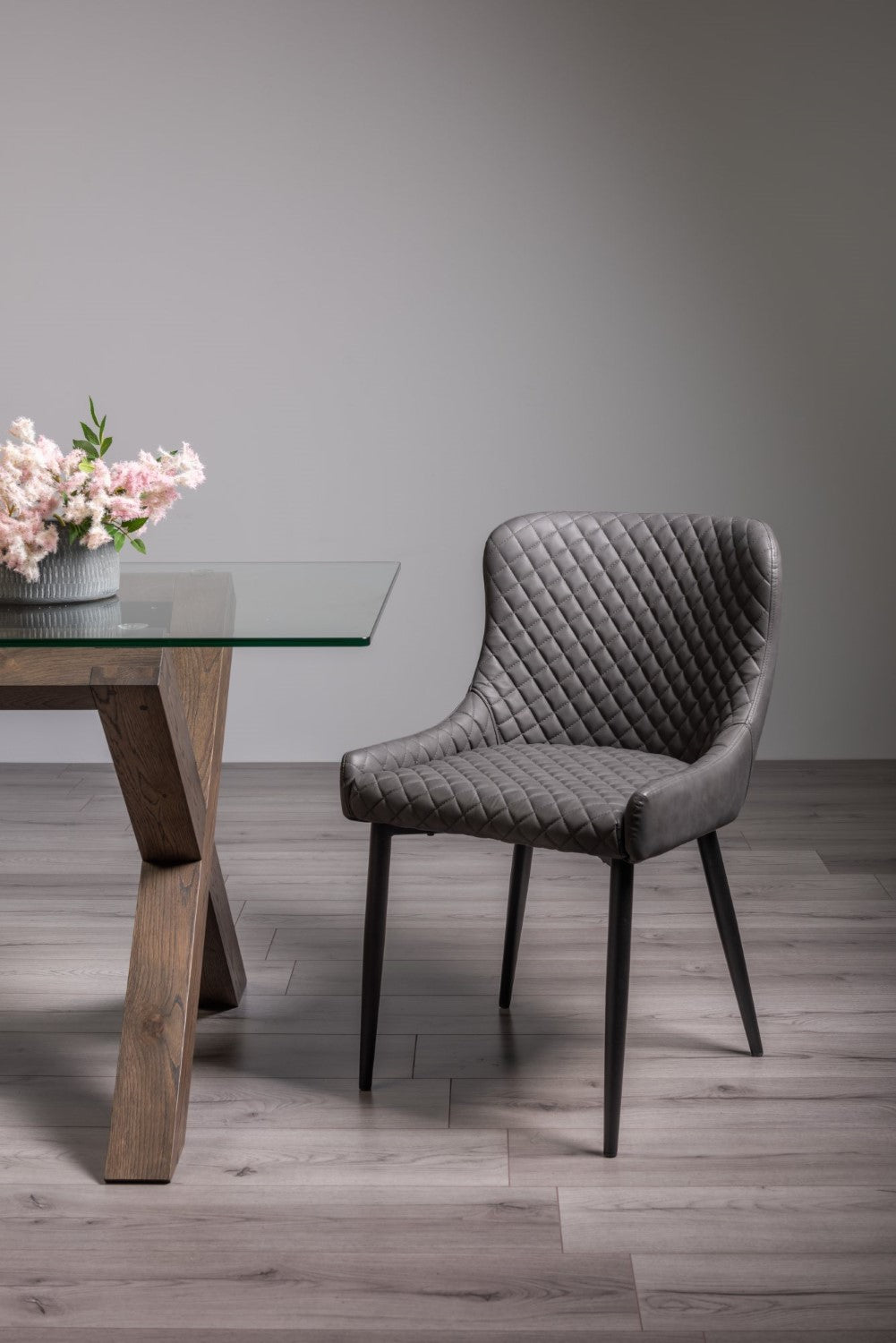 Grey Leather Diamond Stitched Dining Chair Black Legs