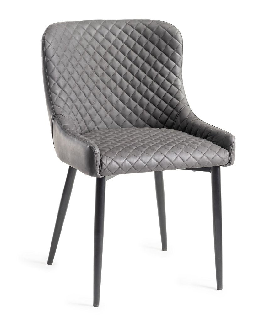 Grey Leather Diamond Stitched Dining Chair Black Legs - Home Furniture Interiors
