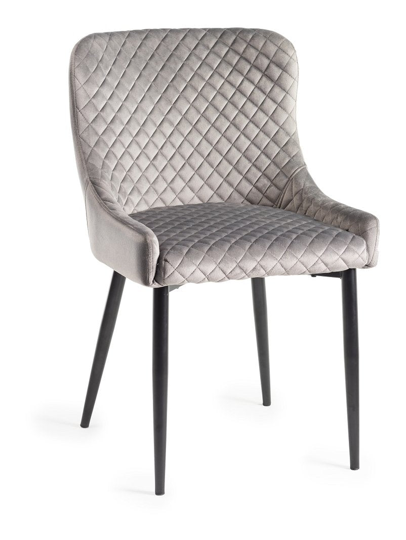 Grey Velvet Fabric Dining Chair Diamond Stitched Black Legs - Home Furniture Interiors