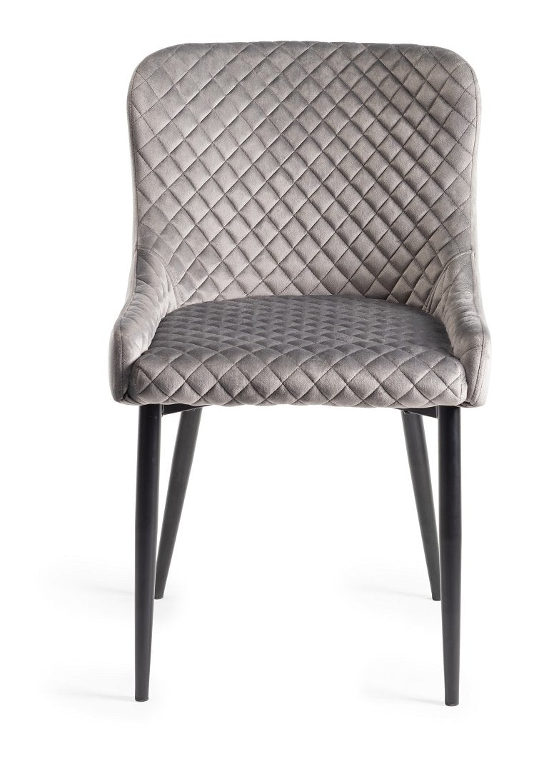 Grey Velvet Fabric Dining Chair Diamond Stitched Black Legs - Home Furniture Interiors