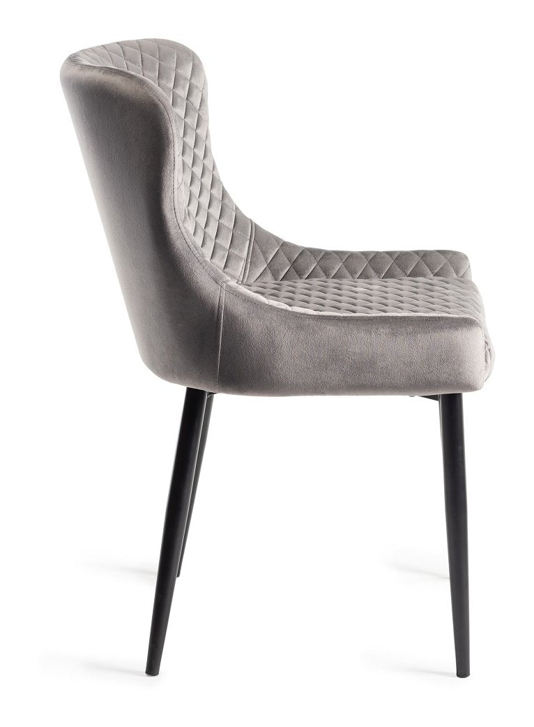 Grey Velvet Fabric Dining Chair Diamond Stitched Black Legs - Home Furniture Interiors