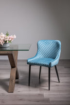 Blue Velvet Fabric Dining Chair Diamond Pattern